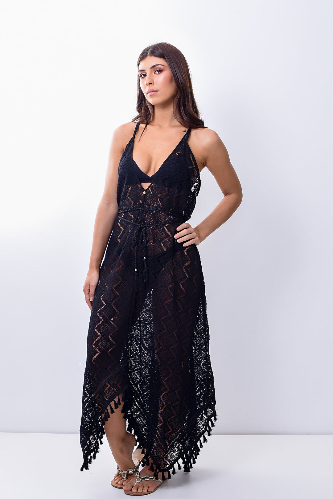 Black Lace Assimetric Long Dress - Lybethras Swimwear