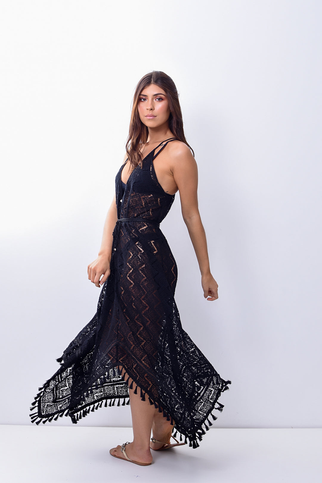 Black Lace Assimetric Long Dress - Lybethras Swimwear